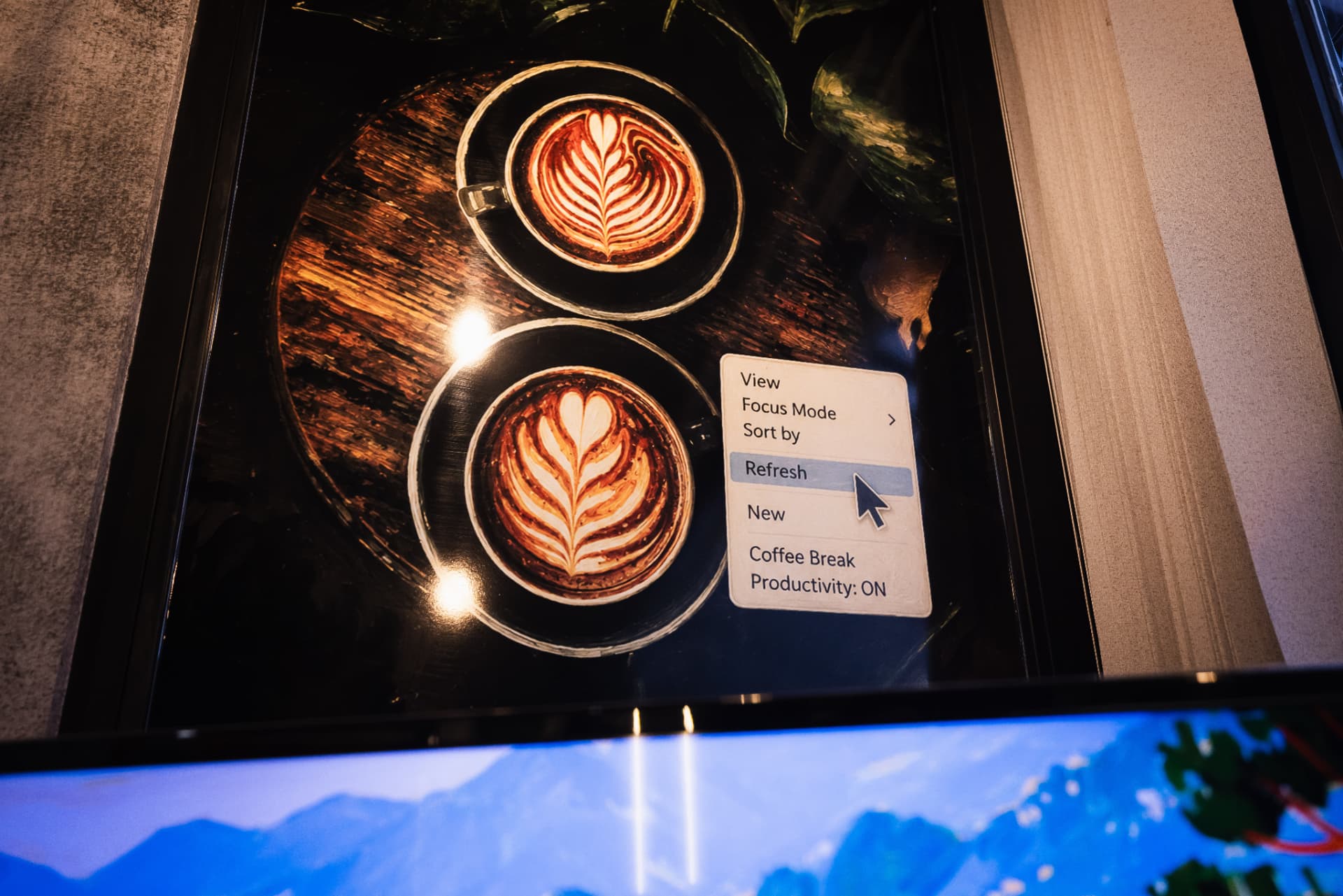 Close-up of latte art in a cup on the counter at ENO-AD Coffee