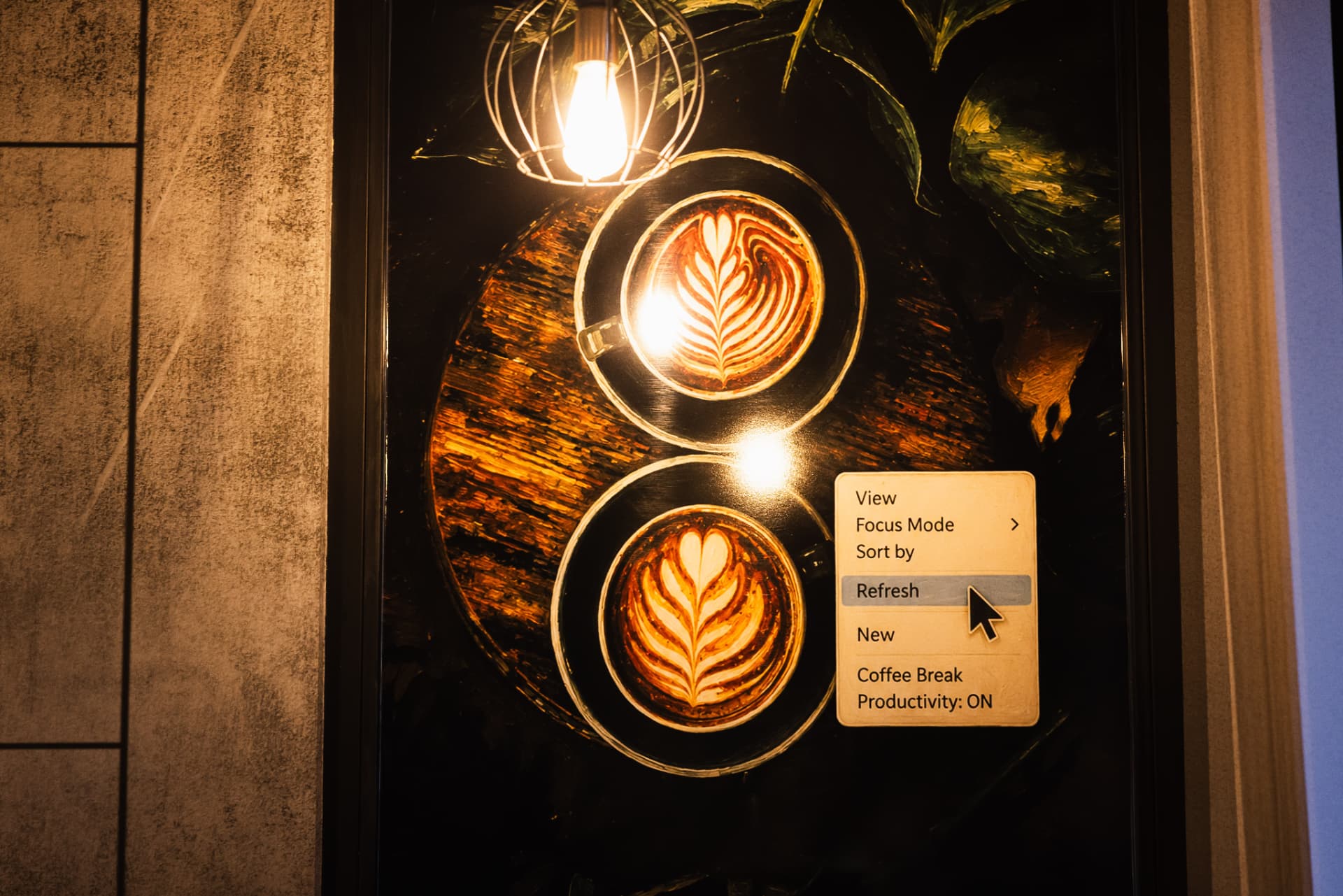 Overhead view of a flat white with latte art at ENO-AD Coffee